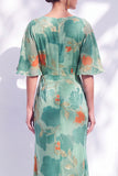 Vestido de madre de la novia largo con cuello de sirena floral salvia verde salvia