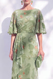 Vestido de madre de la novia largo con cuello de sirena floral salvia verde salvia