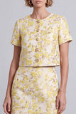 Vestido corto corto floral bodycon escote redondo amarillo claro con volantes