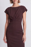 Vestido de trabajo midi de manga de corte marrón bodycon escote redondo y abertura