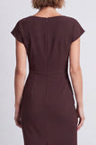 Vestido de trabajo midi de manga de corte marrón bodycon escote redondo y abertura