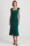 Vestido de trabajo midi de manga cerrada verde verde oscuro con manga cuadrada y abertura
