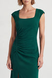 Vestido de trabajo midi de manga cerrada verde verde oscuro con manga cuadrada y abertura
