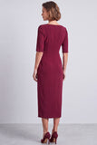 Vestido de trabajo midi midi de cuello cuadrado y escote cuadrado azul marino con abertura