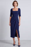 Vestido de trabajo midi midi de cuello cuadrado y escote cuadrado azul marino con abertura