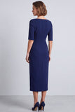 Vestido de trabajo midi midi de cuello cuadrado y escote cuadrado azul marino con abertura