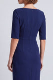 Vestido de trabajo midi midi de cuello cuadrado y escote cuadrado azul marino con abertura