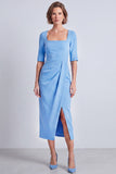 Vestido de trabajo midi midi de cuello cuadrado y escote cuadrado azul marino con abertura