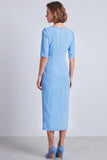 Vestido de trabajo midi midi de cuello cuadrado y escote cuadrado azul marino con abertura