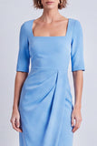 Vestido de trabajo midi midi de cuello cuadrado y escote cuadrado azul marino con abertura