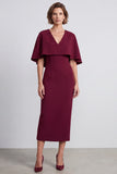 Vestido de trabajo midi Burgundy Bodycon escote en V con capa