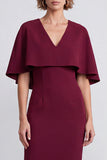 Vestido de trabajo midi Burgundy Bodycon escote en V con capa