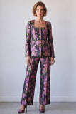 Trajes de baile de fin de curso de dos piezas con cuello cuadrado de flores negras y púrpura