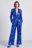 Traje de baile de solapa de dos piezas en chal, azul real brillante, con cinturón