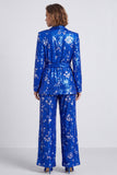 Traje de baile de solapa de dos piezas en chal, azul real brillante, con cinturón