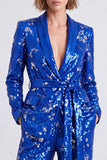 Traje de baile de solapa de dos piezas en chal, azul real brillante, con cinturón