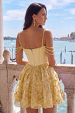 Corsé amarillo floral fruncido con tirantes finos Vestido de bienvenida a casa con cuentas