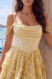 Corsé amarillo floral fruncido con tirantes finos Vestido de bienvenida a casa con cuentas