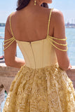 Corsé amarillo floral fruncido con tirantes finos Vestido de bienvenida a casa con cuentas