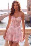 Corsé rosa transparente floral A-line Sweetheart con cordones en la espalda con abalorios