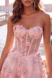 Corsé rosa transparente floral A-line Sweetheart con cordones en la espalda con abalorios