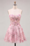 Corsé rosa transparente floral A-line Sweetheart con cordones en la espalda con abalorios