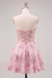 Corsé rosa transparente floral A-line Sweetheart con cordones en la espalda con abalorios