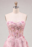 Corsé rosa transparente floral A-line Sweetheart con cordones en la espalda con abalorios