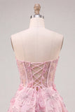 Corsé rosa transparente floral A-line Sweetheart con cordones en la espalda con abalorios