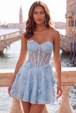 Corsé rosa transparente floral A-line Sweetheart con cordones en la espalda con abalorios