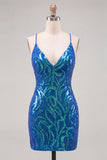 Vestido de bienvenida a casa con tirantes finos bodycon lentejuelas azul oscuro y encaje en la espalda