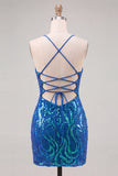 Vestido de bienvenida a casa con tirantes finos bodycon lentejuelas azul oscuro y encaje en la espalda