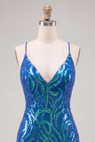 Vestido de bienvenida a casa con tirantes finos bodycon lentejuelas azul oscuro y encaje en la espalda