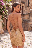 Vestido de bienvenida a casa con tirantes finos bodycon lentejuelas azul oscuro y encaje en la espalda