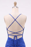 Vestido corto de bienvenida con cuentas azul real y encaje en la espalda