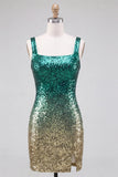 Vestido de bienvenida a casa con lentejuelas de cuello cuadrado verde y dorado con lentejuelas y corte