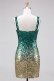 Vestido de bienvenida a casa con lentejuelas de cuello cuadrado verde y dorado con lentejuelas y corte