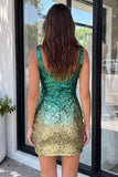 Vestido de bienvenida a casa con lentejuelas de cuello cuadrado verde y dorado con lentejuelas y corte