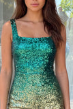 Vestido de bienvenida a casa con lentejuelas de cuello cuadrado verde y dorado con lentejuelas y corte