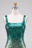 Vestido de bienvenida a casa con lentejuelas de cuello cuadrado verde y dorado con lentejuelas y corte