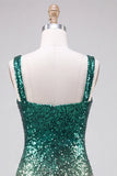 Vestido de bienvenida a casa con lentejuelas de cuello cuadrado verde y dorado con lentejuelas y corte