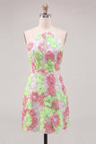 Vestido de Homecoming con tirantes finos de flores rosa y verde con bordados