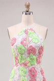 Vestido de Homecoming con tirantes finos de flores rosa y verde con bordados