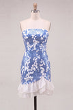Vestido corto de bienvenida de bienvenida sin tirantes azul bodycon lentejuelas