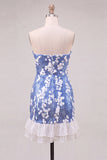 Vestido corto de bienvenida de bienvenida sin tirantes azul bodycon lentejuelas