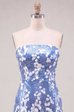 Vestido corto de bienvenida de bienvenida sin tirantes azul bodycon lentejuelas