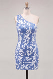 Bodycon vestido corto de bienvenida azul de un hombro