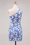 Bodycon vestido corto de bienvenida azul de un hombro