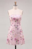 Vestido corto de bienvenida de fin de curso rosa con lentejuelas florales en línea A