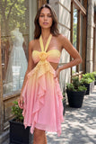 Vestido de bienvenida amarillo y rosa de gasa con escote halter con volantes y flor 3D